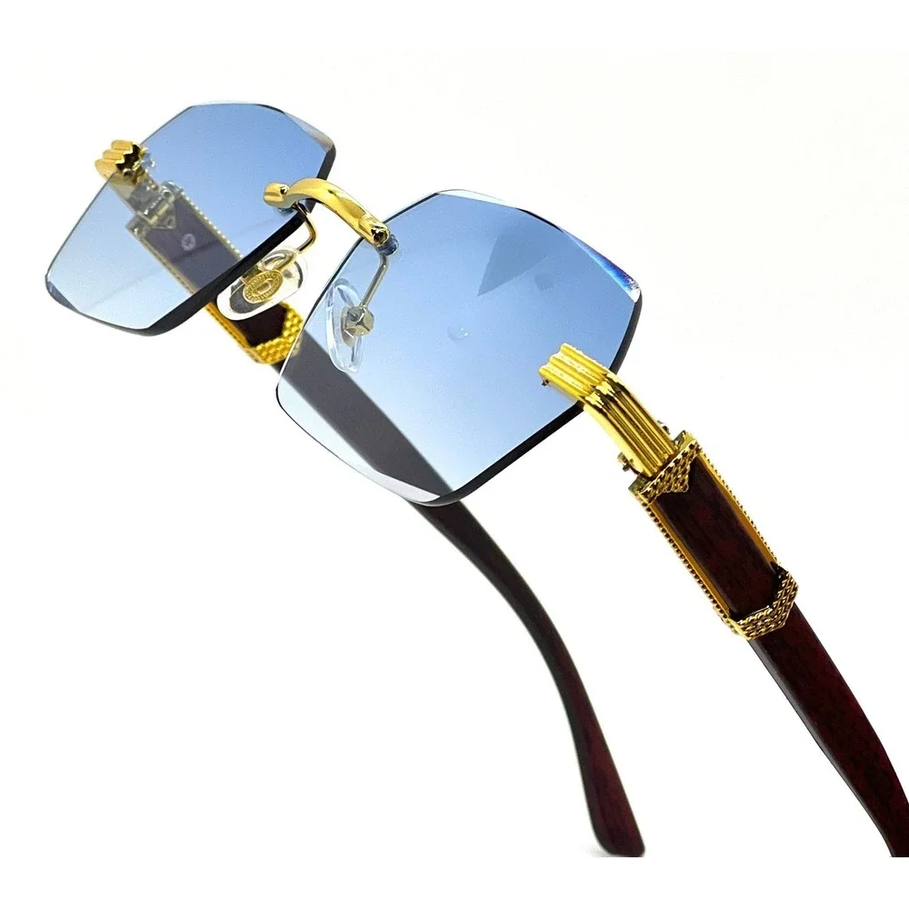 Rimless Sunglasses Men Designer Luxury Gold Frame Blue Lens Fashion Shades Gafas